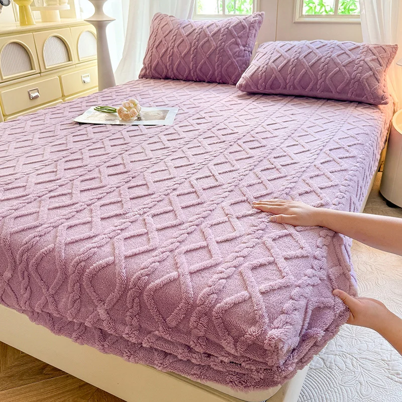 New Solid Color Jacquard Tafu Fleece Fitted Sheet Household Mattress Protective Cover Non-slip Single Piece No Pillowcase