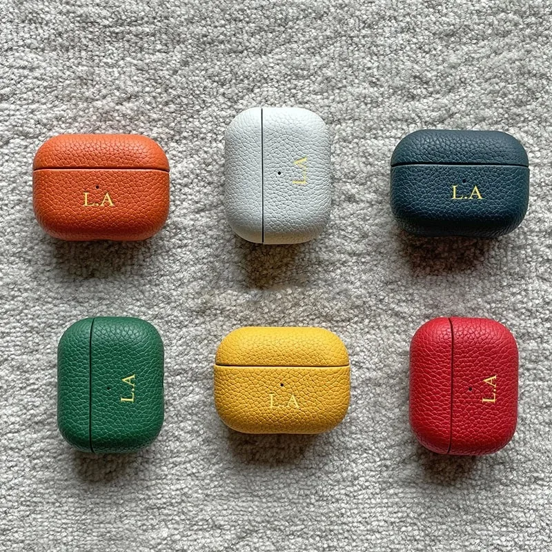 Casing Earphone pola kulit leci mewah untuk Airpods Pro 2 kustom inisial huruf menyesuaikan untuk Airpods 1 2 Pro 3 penutup