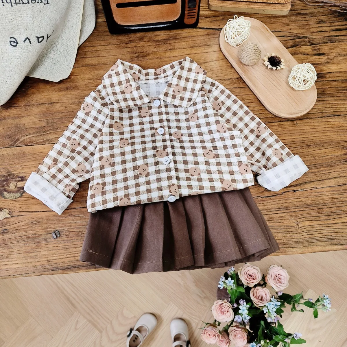 Spring/Autumn Sibling Matching Grid Bear Doll Collar Shirt + Solid Bottom Pleated Skirt Pants Boys Girls Set