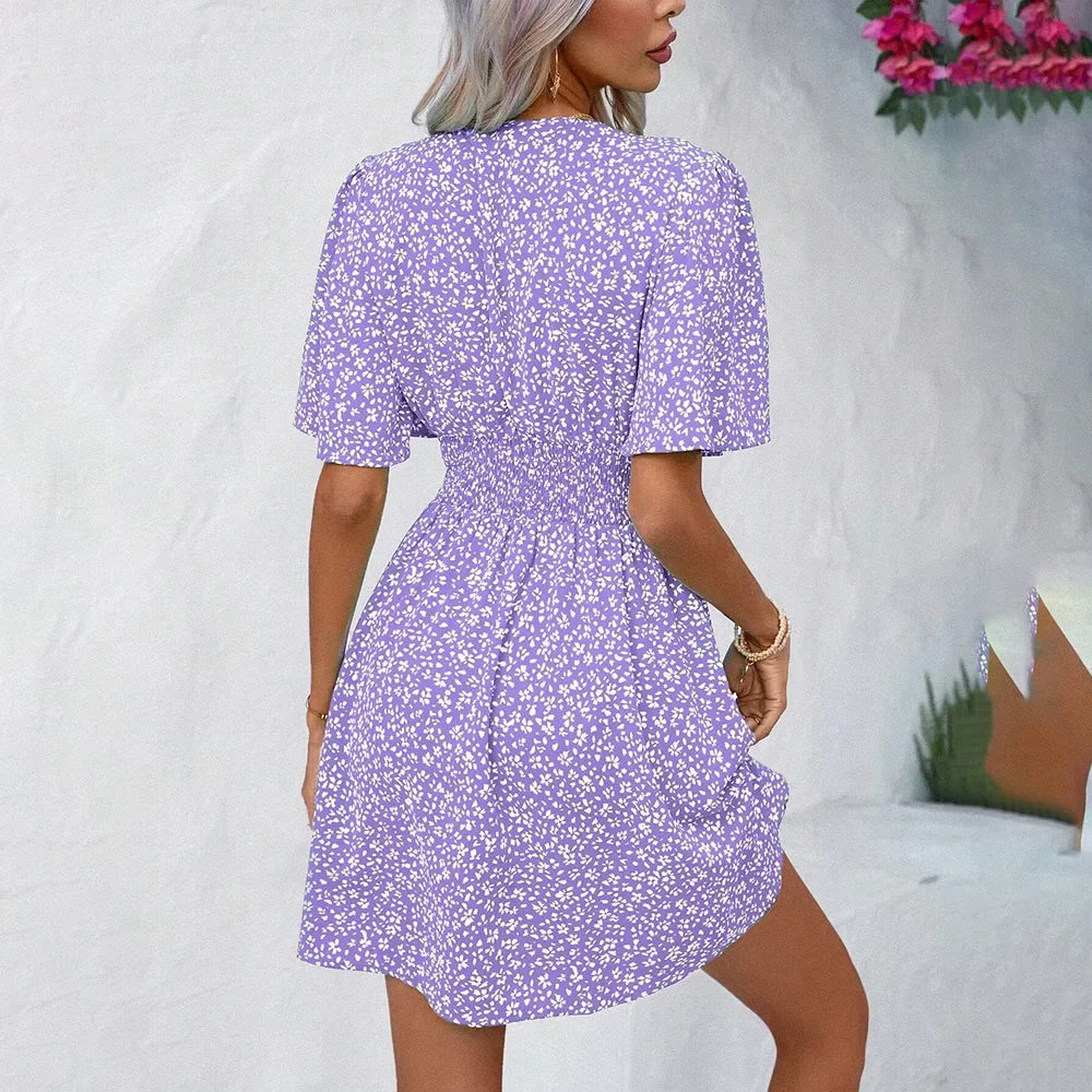 Elegante Mini Kleid Frauen Sommer Mode Halbe Hülse V-ausschnitt Schlank Blumen Druck Kurze Kleider Elegante Vestidos