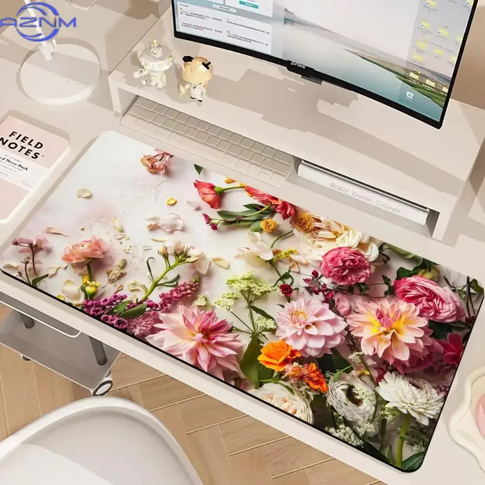 Vibrant Mixed Floral Large Mousepad, Non-Slip Rubber Waterproof Extended Desk Mat, Fresh Colorful Flower Art Mouse Pad for Gamin