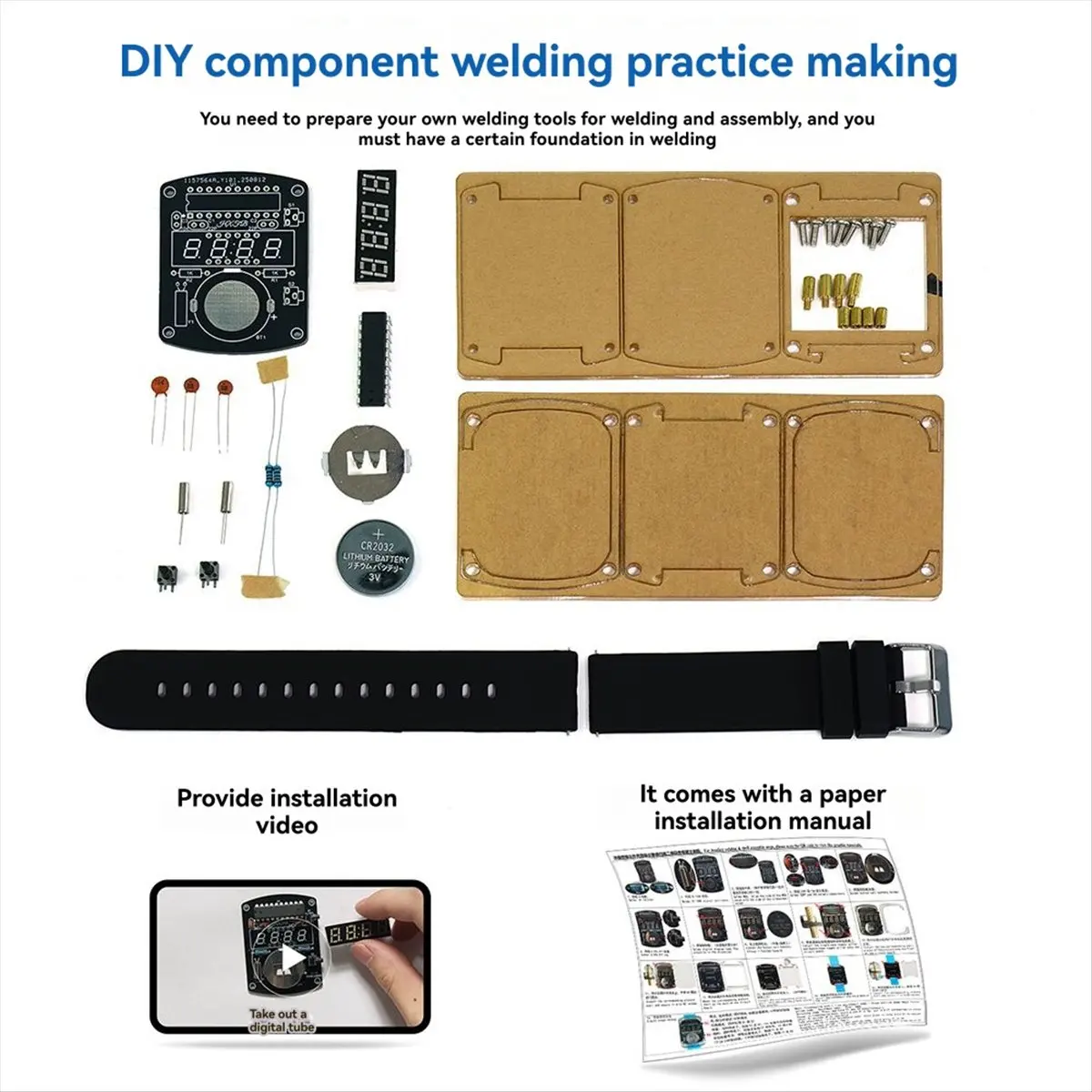 L77A DIY Watch LED Watch Electronic Kit 0.28 Inch Display Time Tube Clock with Case Strap Learning DIY Soldering Project B