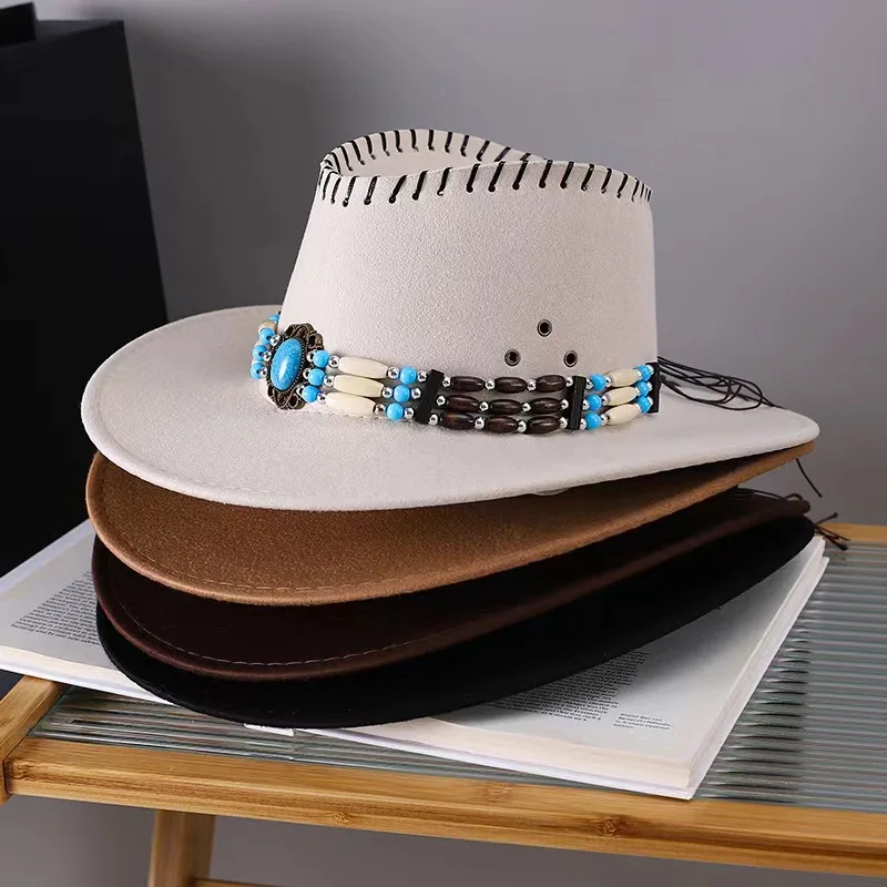 A Western cowboy hat for men and women Jewel chain jazz hat with hem vintage top hat cross border felt hat