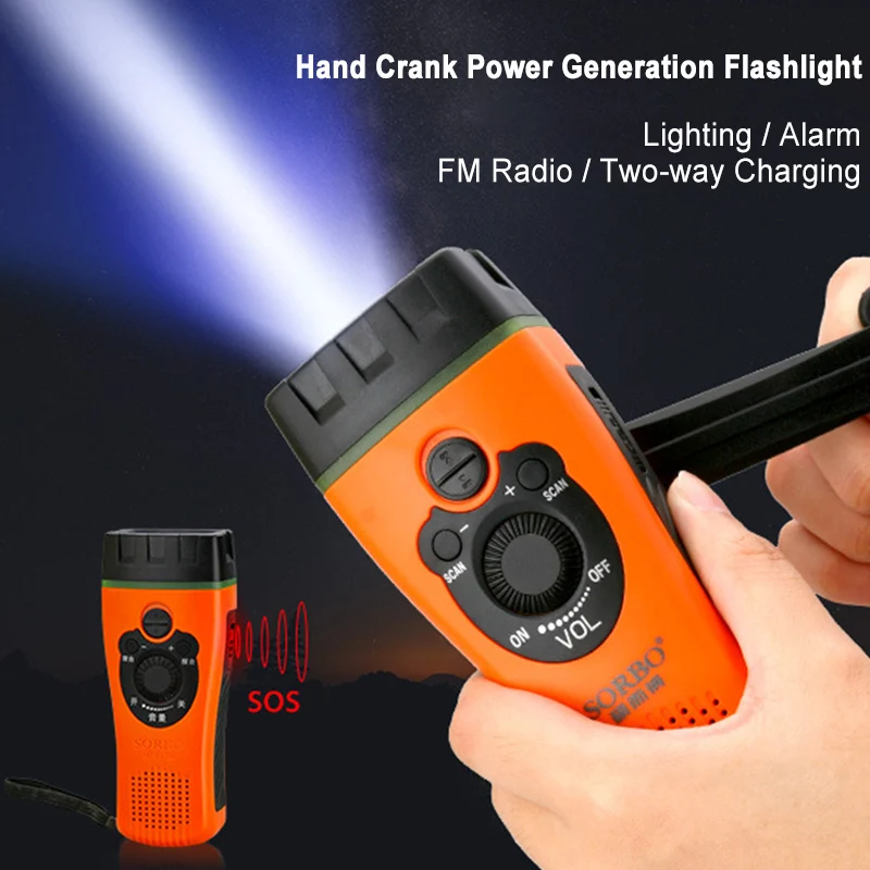 LED Flashlight Multifunctional Hand Crank Self-generating Torch Rechargeable Emergency Lighting Radio Waterproof Flashlight