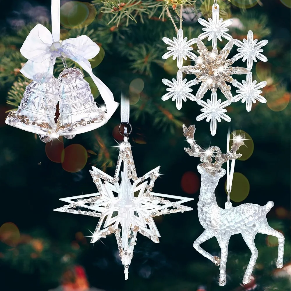 شجرة عيد الميلاد معلقة الديكور الاكريليك الشفاف ندفة الثلج الأيائل الملاك دمية جرس قلادة السنة الجديدة ديكور المنزل لعبة أطفال