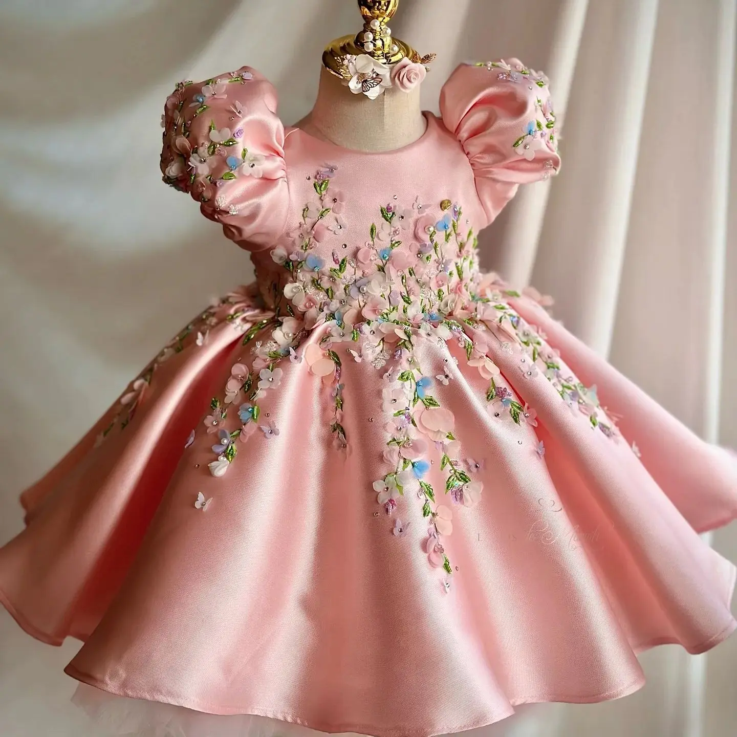 Pink Satin Flower Girl Dress for Wedding Customized Butterfly Floral Princess Holy First Communion Dress Kids Birthday Gift