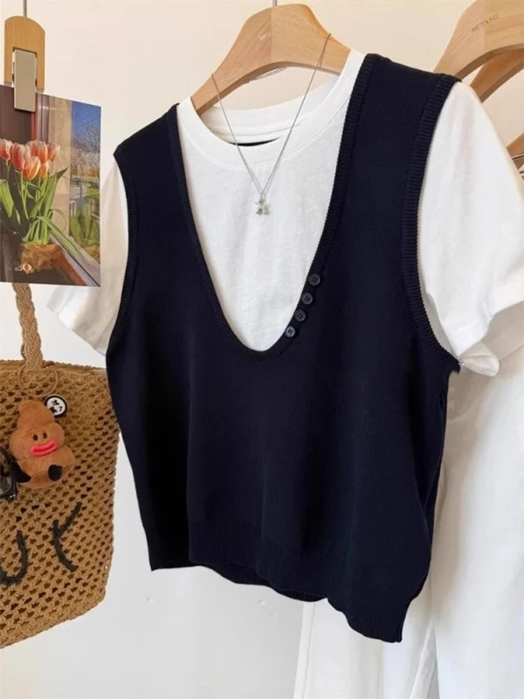 Koreanische Sle V-Ne ort Sve Gestrickte Top Lose Fit Sommer Abnehmen T-shirt frauen Faion Casual Grundlegende Farbe