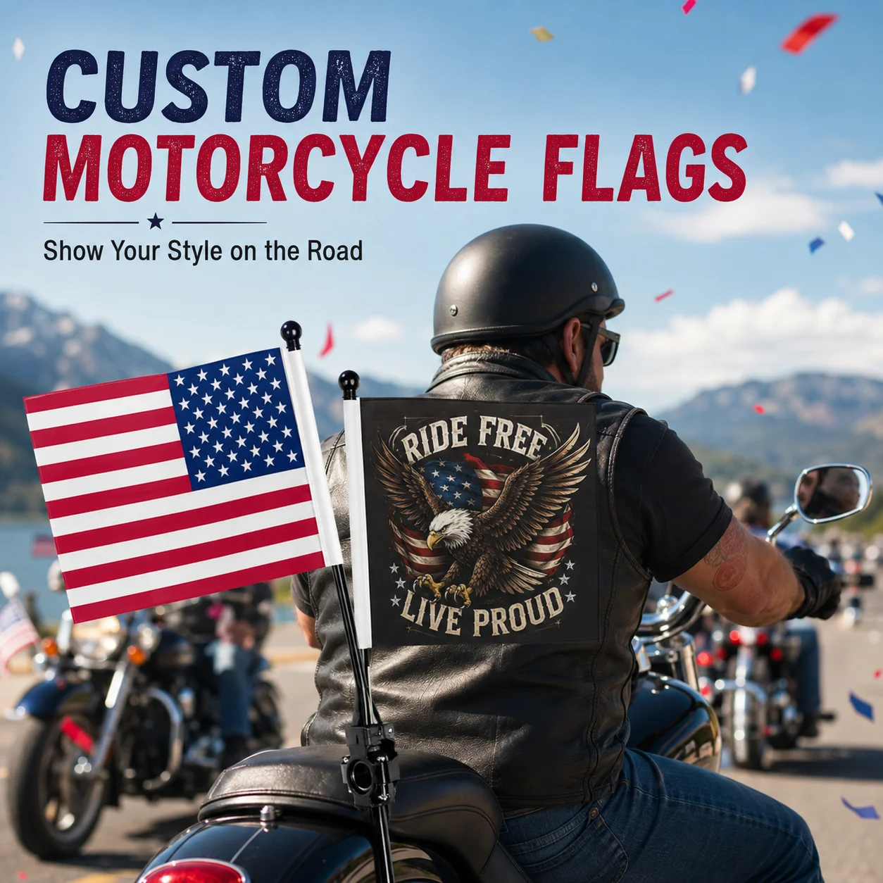 2pcs Custom Full-Image Motorcycle Flags Personalized Double-Sided Print Rectangle Biker Flags for Outdoor Decor