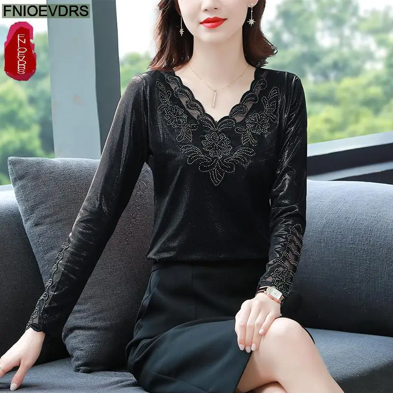 S-3XL Women 2023 Winter Basic Shirts Slim Elegant Office Lady Black Lace Bling Retro Vintage Warm Velour Red Velvet Tops Blouse