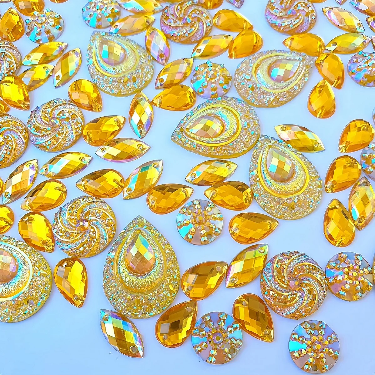 210Pcs Mix Sew on Yellow Clothing Rhinestones Crystals Stones AB Flatback For Show Dance Costumes Dress Sewing Shoes Decorations