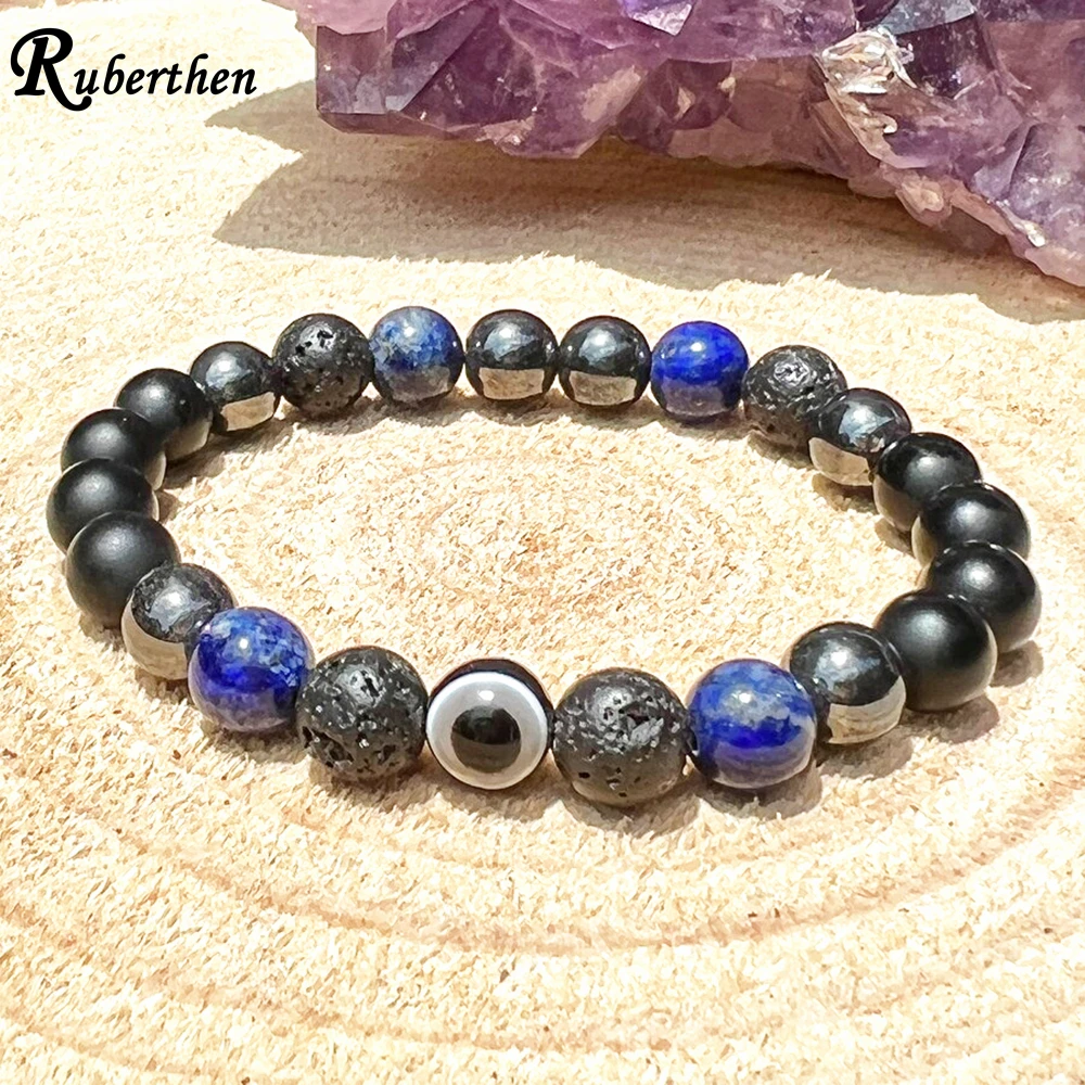 Ruberthen 8 MM Lava Basalt Black Tourmaline Lapis Lazuli Hemaite Bracelet Women`s Evil Eye Energy Protection Bracelet