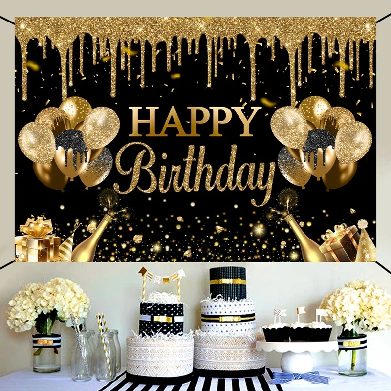 Goldglitzernder Polyester-Hintergrundstoff für Geburtstagsfeiern, Hintergrundbanner, perfekt für eine schwarze und goldene Happy-Birthday-Themenparty für Erwachsene