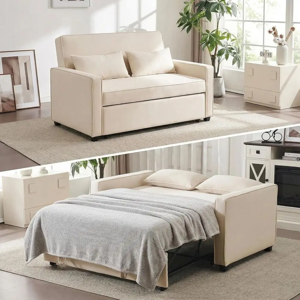 

3-in-1 Adjustable Backrest Sleeper Sofa, Metal Frame, Linen Upholstery, Ideal for Small Spaces (Beige)