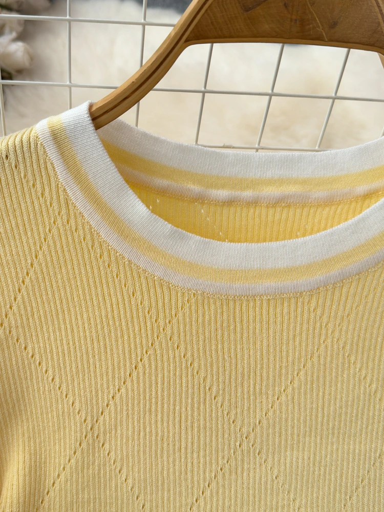 Foamlina Knitted Two Pieces Set Women Summer Striped O Neck Short Sleeve Knitting Top and Elastic Waist Mini Pleated Skirt Suits