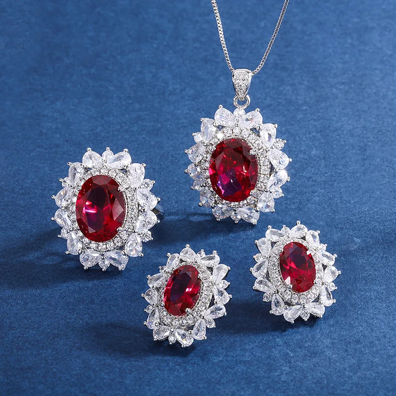 

Vintage Style Red Corundum Jewelry Set Pendant Ring12*16Ear Studs8*12