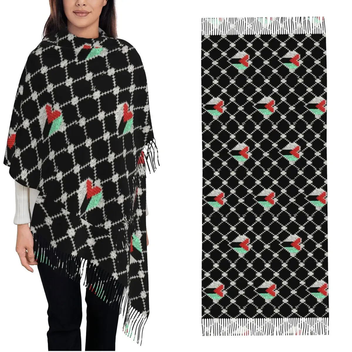 

Women's Scarf with Tassel Palestinian Hatta Kufiya Winter Warm Shawl and Wrap Palestine Heart Flag Keffiyeh Pashmina Scarves