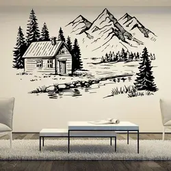 Mountains House Near The Lake Nature Vinyl Home Decor Living Room Wall Sticker Interior House Decoration Landscape Decals 3C13