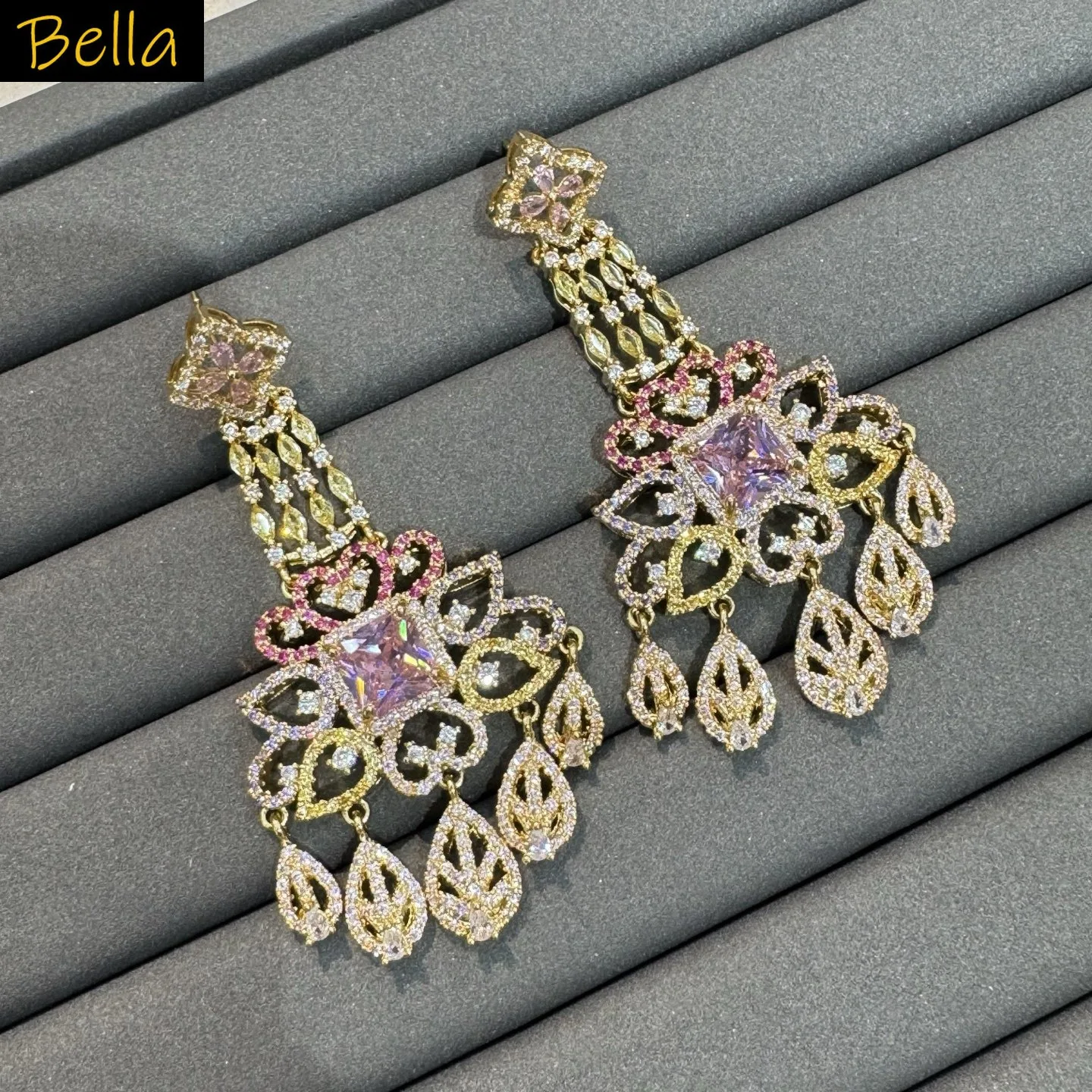 unique cubic zirconia earrings women luxury jewelry gala event party dangling earrings Chinese style blue green fushia yellow