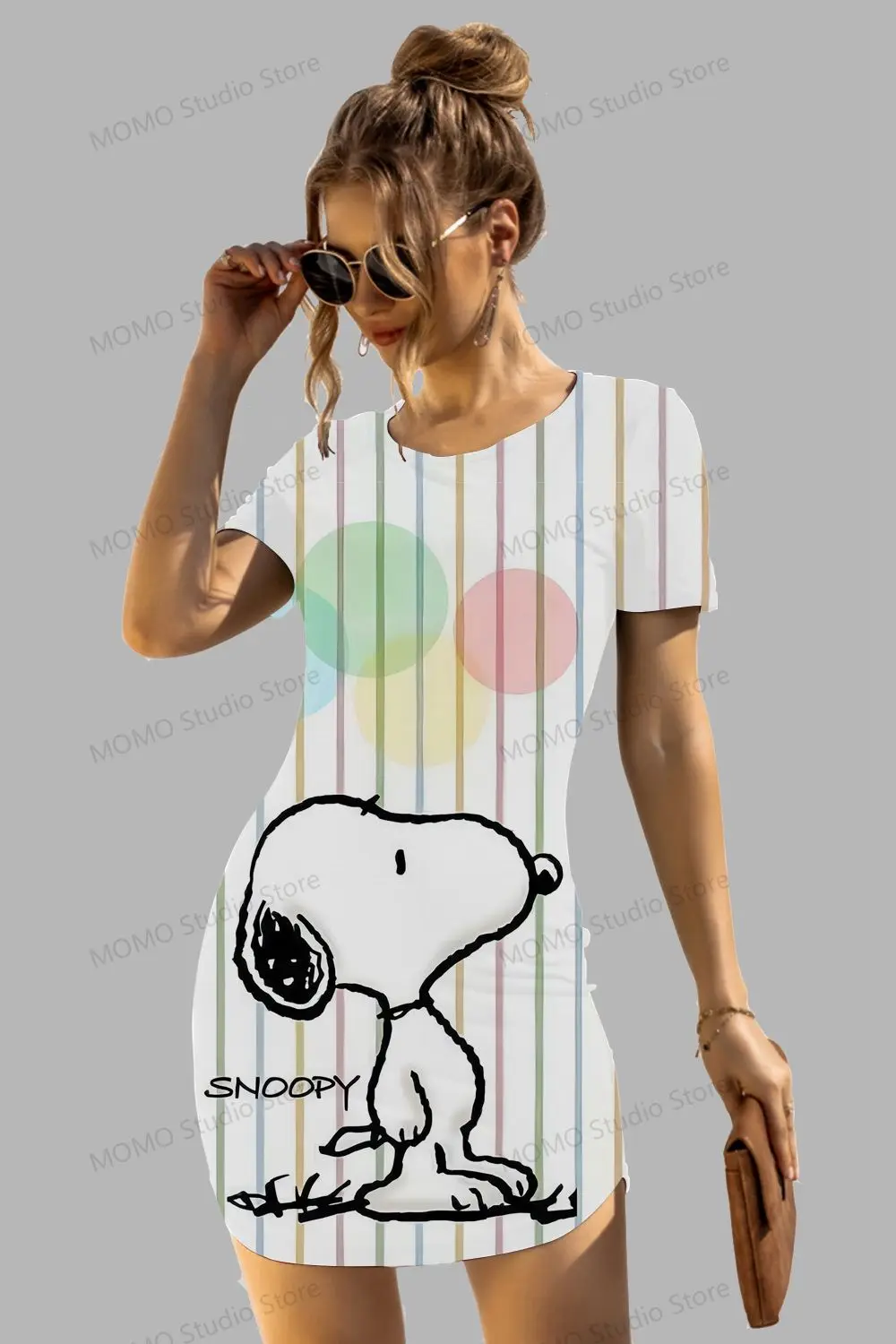 Vestido de manga corta a la cadera para mujer, ropa Kawaii de Snoopy con cuello redondo, S-3XL, Y2k, moda bohemia de verano, nuevo y elegante, 2024