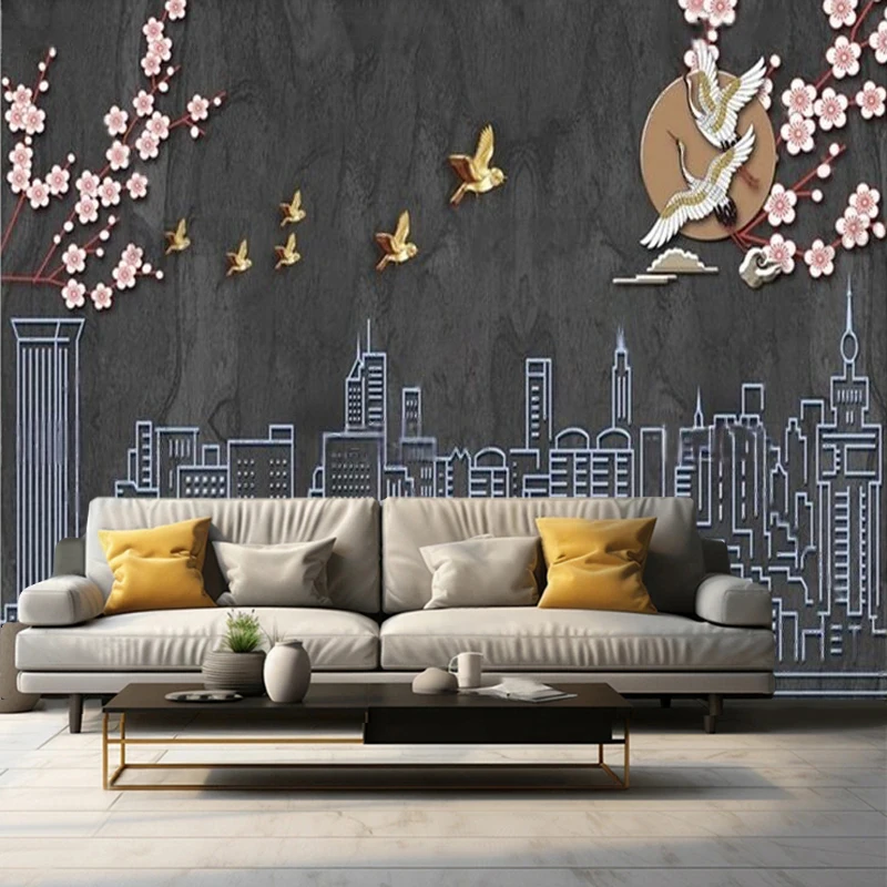 Modern Minimalist Urban Architectural Hand-Painted Color Night Scene Mural Featuring Cranes Plum Blossoms And Flying Birds