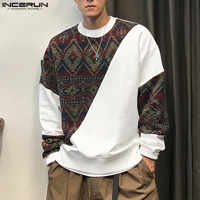 2024 Korean Fashion Long Sleeve Hoodies INCERUN Men Casual Round Neck The national Style Sweatshirts Loose Patchwork Pullovers