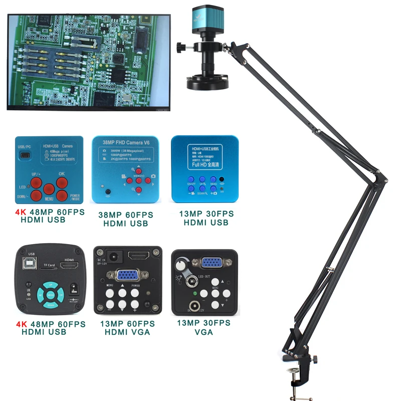 

48MP 4K 1080P HDMI USB Industrial Video Digital Microscope Camera 130X Zoom C Mount Lens Cantilever stand For Repair Soldering