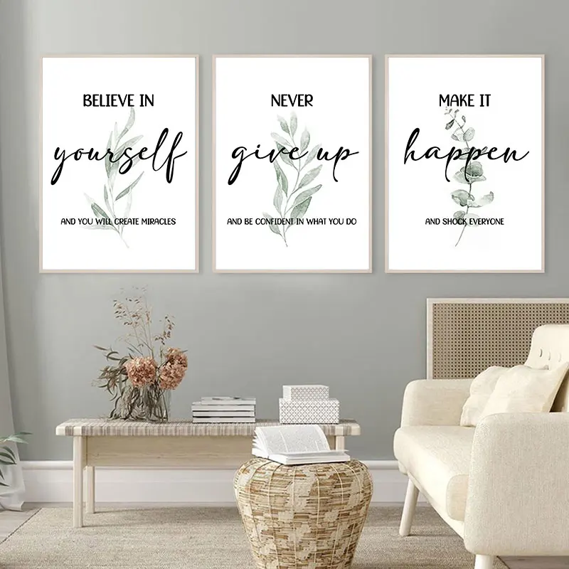 Simple Style Inspirational Quotes Canvas Art Prints Modern Leaves Pattern Wall Decorative Poster for Home and Office