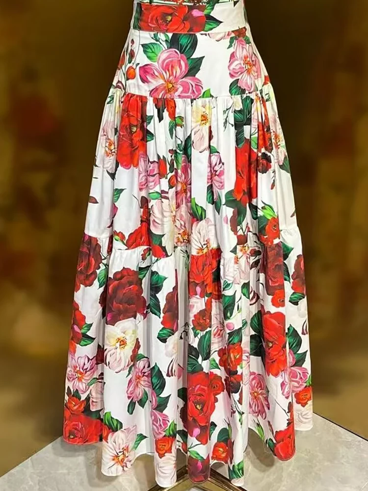 Seasixiang Rose Floral Print Cotton Skirt For Women High Waist Vintage Long Skirt Fashion Autumn Female