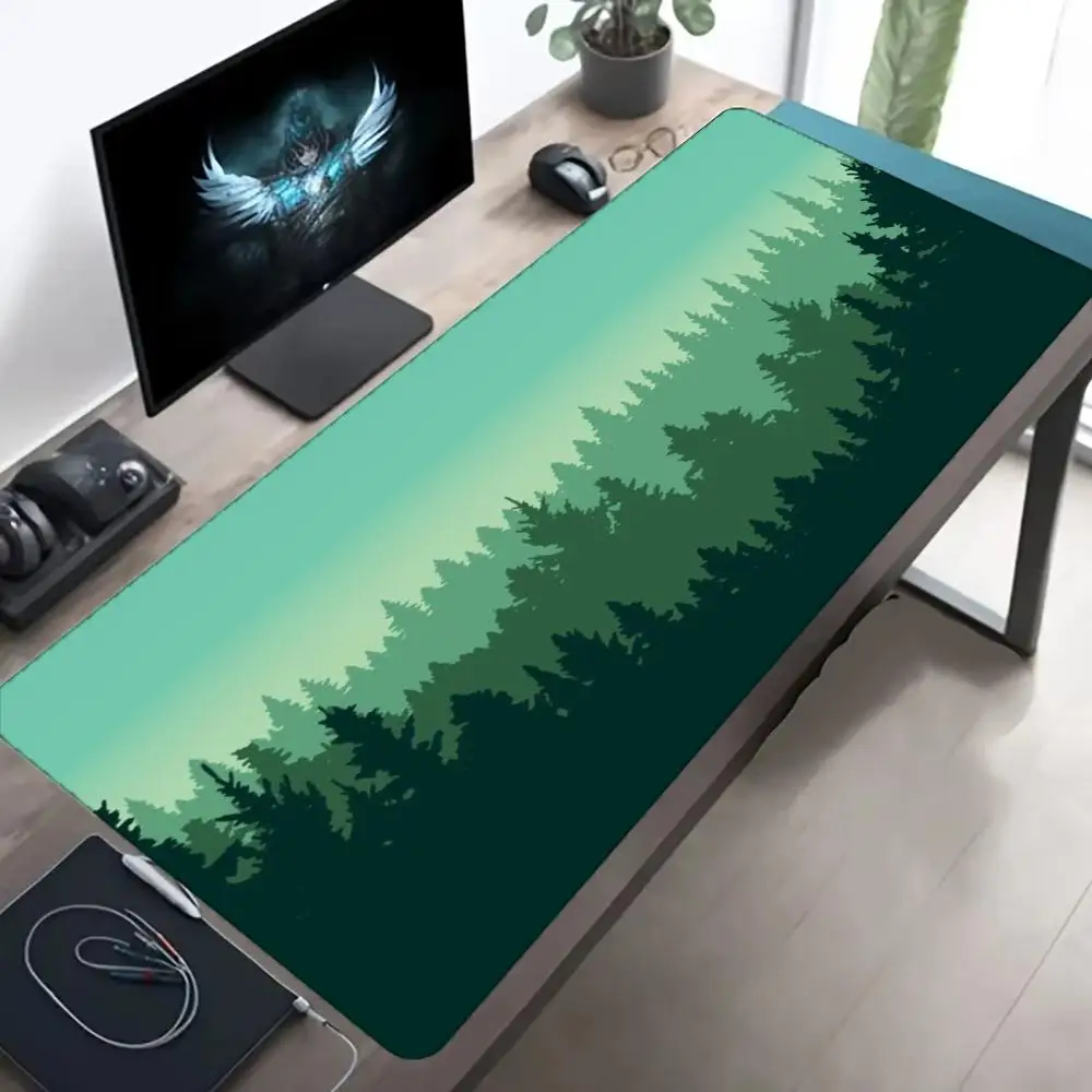 Large Gaming Mouse Pad Desk Mat Keyboard Pad Gradient Green Pine Tree Mountain Minimal Forest Silhouette PC Laptop Nature Decor