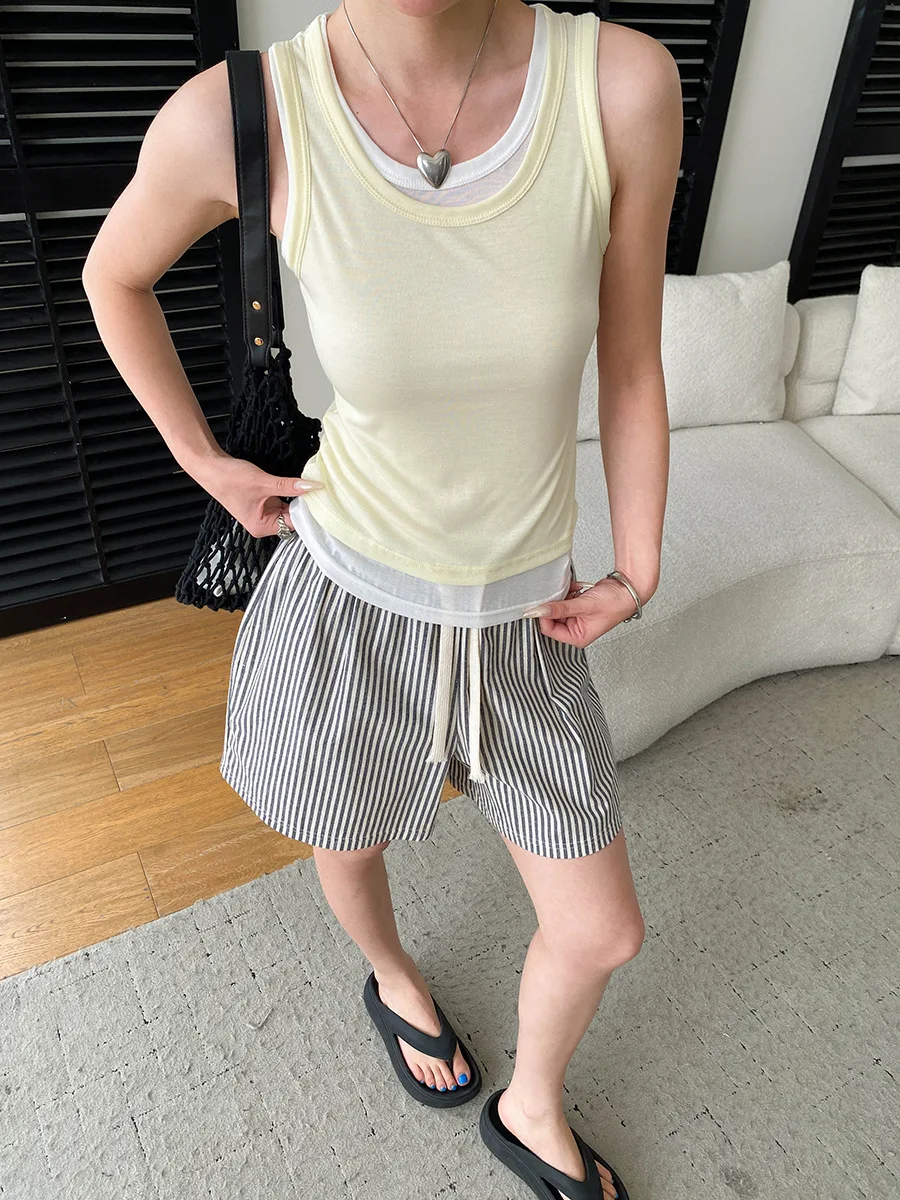 Sommerliches, lässiges, einfarbiges, kontrastfarbenes, zweiteiliges Tanktop mit Rundhalsausschnitt und schmaler Passform für Damen – Detail 37
