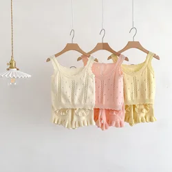 2025 Summer New In Kids Baby Girls Sleeveless Knitted Solid Color Hollow-out Top+Shorts Children Fasion Clothing Set 2pcs 6M-6Y