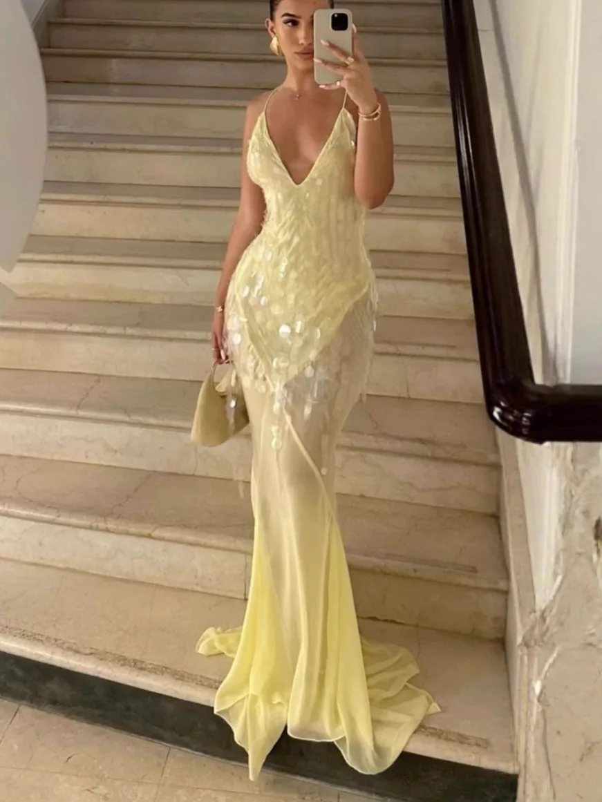 Vestidos sexis de sirena con escote en V profundo y lentejuelas para mujer, vestido ajustado sin espalda sin mangas con cordones de gasa, vestido Maxi para fiesta elegante de verano para mujer