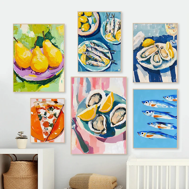 Vintage Dining Fruit Food Pizza Avocado Sardine Red Wine Posters Prints Canvas Painting Wall Art Picture for Food Kitchen Decor