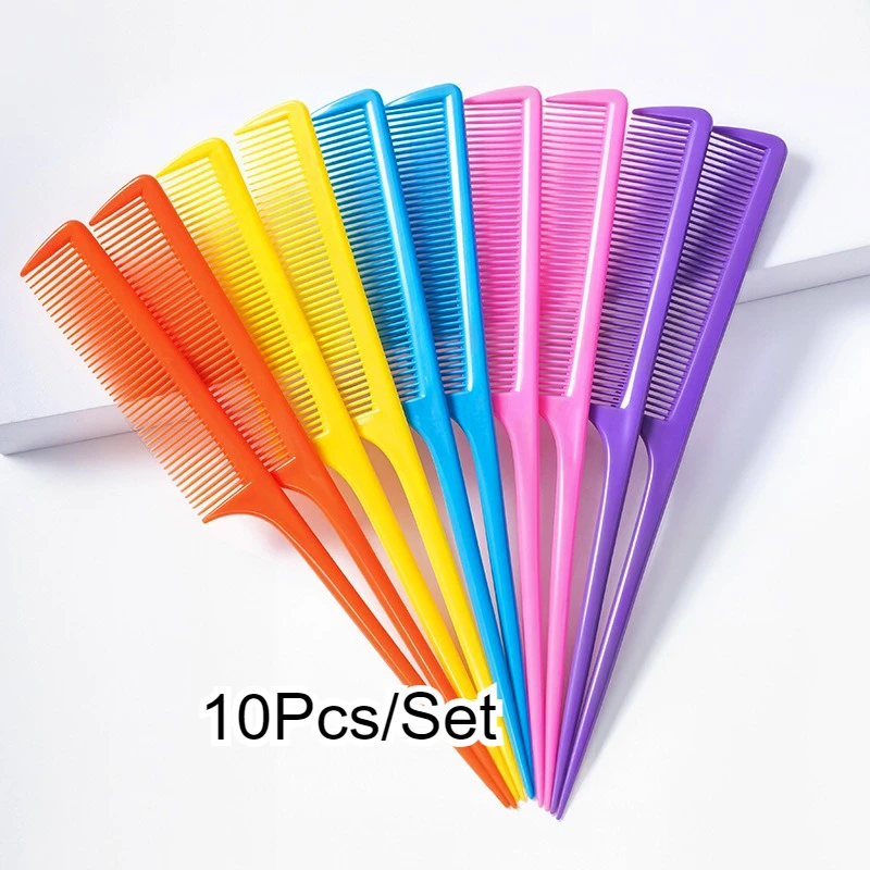 10PCS Portable Hair Comb Salon Brush Styling Hairdressing Tail Plastic Comb Set with Thin and Long Handle Random Color Black New
