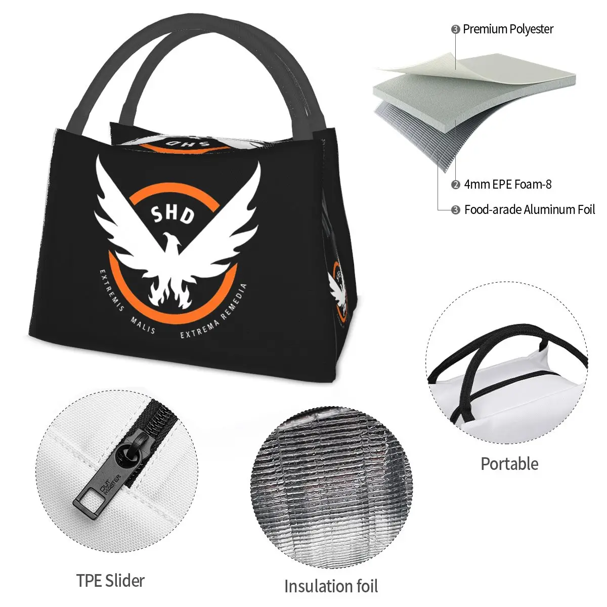 Game Tom Clancys The Division SHD Seal Insulated Lunch Bag for Women Kids Portable Food Boxes Thermal Lunch Box Tote view 6