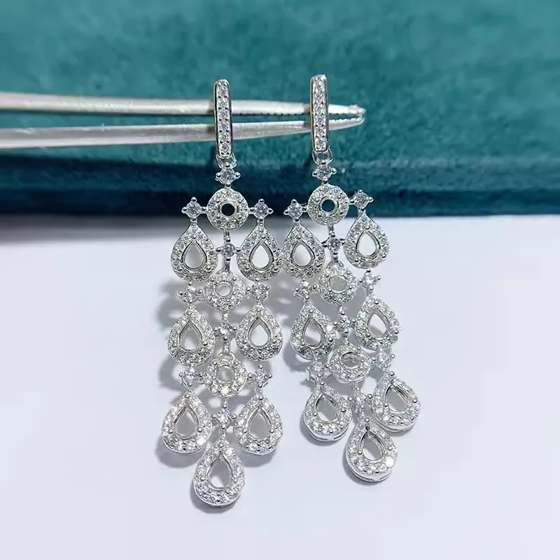 MeiBaPJ 3*4 & 2mm Water Drop Stones DIY 925 Silver Empty Holder Tassels Drop Earrings Fine Charm Party Jewelry for Women