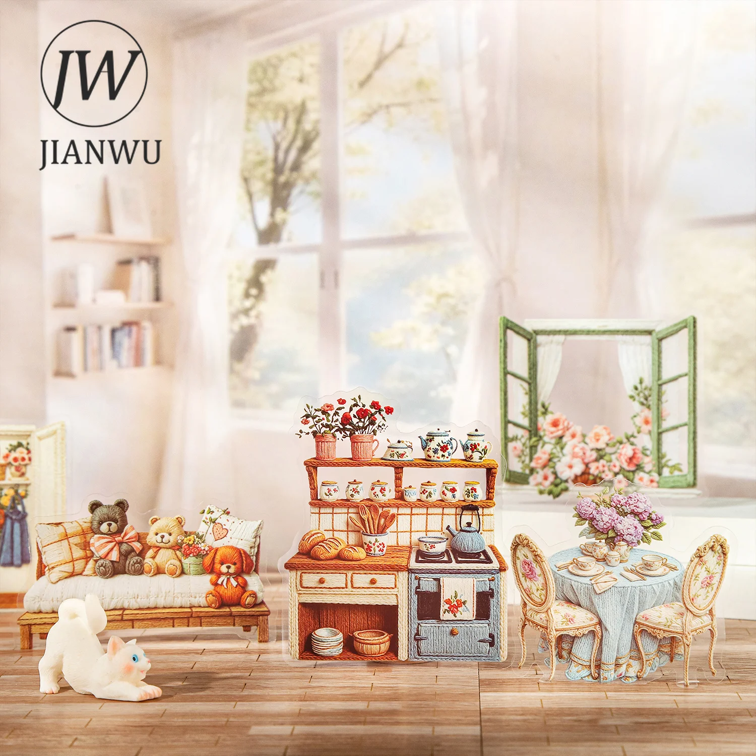 JIANWU Vintage Simulated Embroidery Home Flower Landscape Material Collage Scrapbooking PET Sticker Creative Journal Stationery
