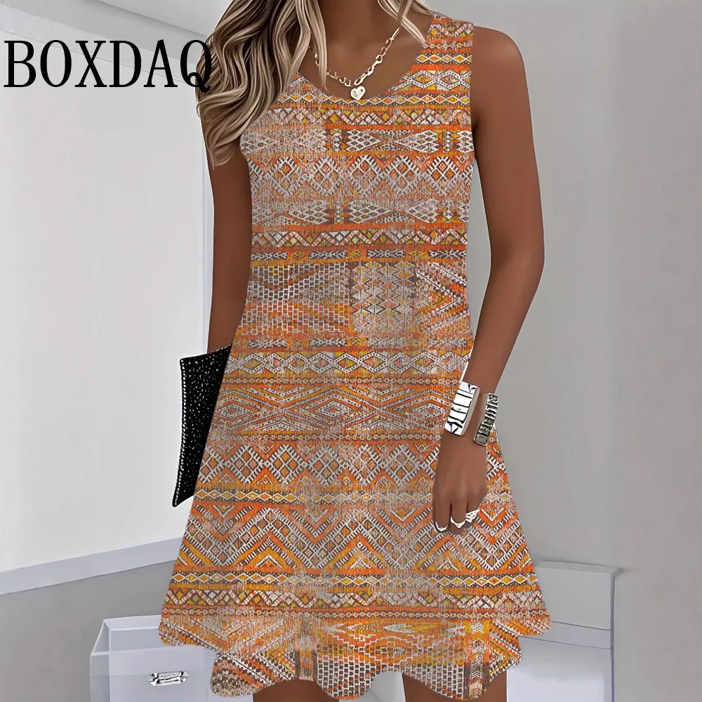 

2025 женское платье с этническим узором, летнее ретро женское свободное платье трапециевидной формы без рукавов с 3D принтом, повседневный сарафан, модный женский жилет