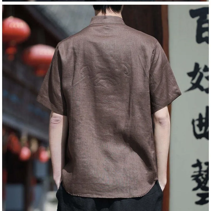 Gorasion جديد 100% الكتان الخالص الصيف رقيقة فضفاضة قصيرة الأكمام أعلى النمط الصيني الرجعية تانغ دعوى زر أسفل قميص الرجال تانغ دعوى