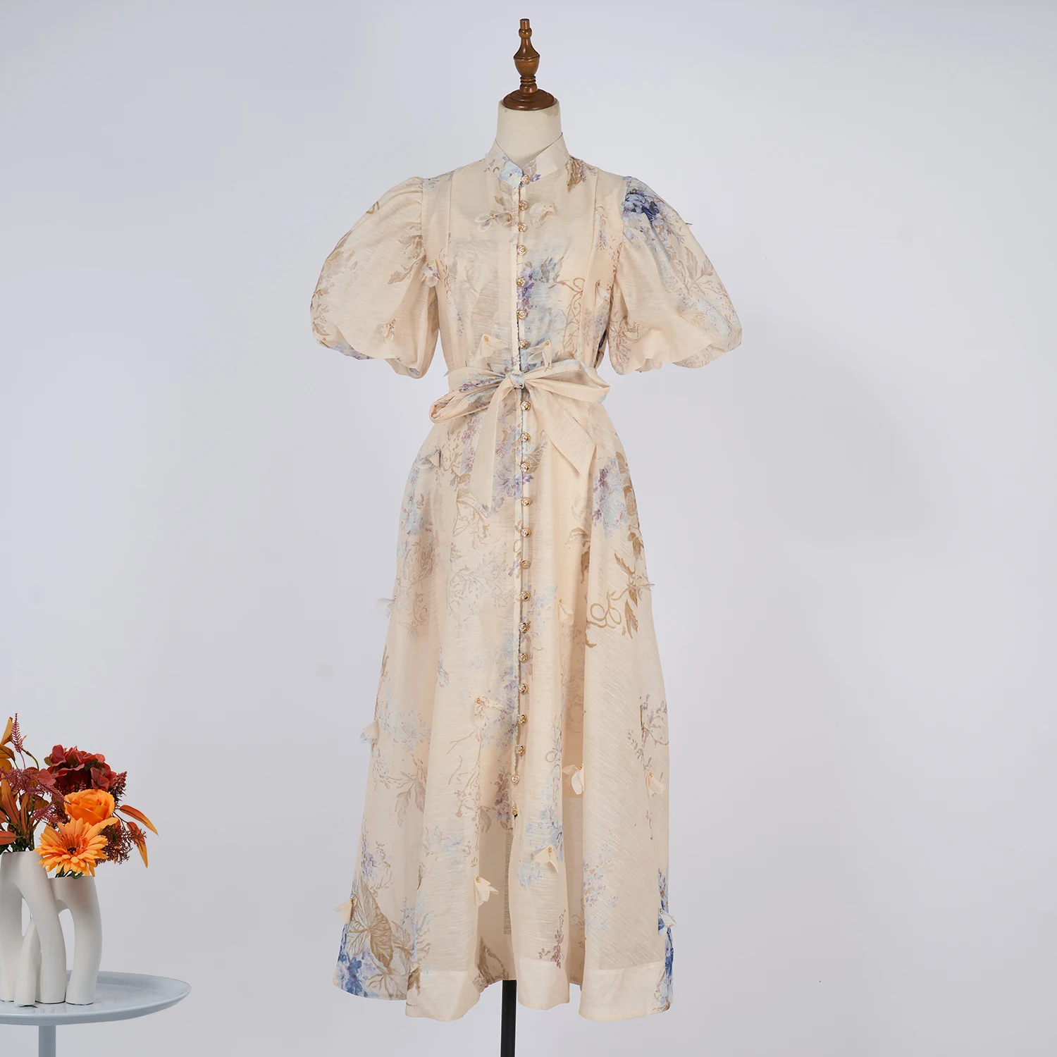 

2025 Summer French Elegant Vintage Palace Evening Dress Women Sashes Puff Sleeve Print Chic Long Dress Luxury Festival Clothing