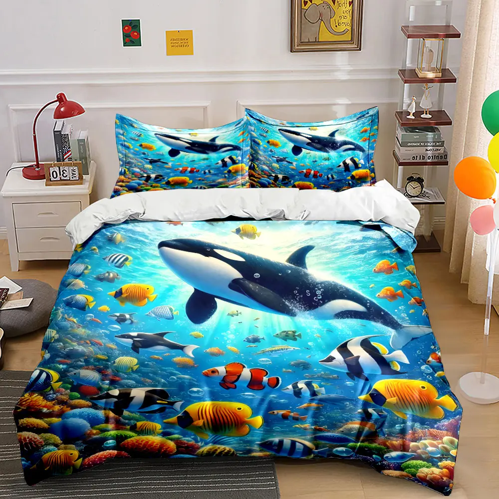 Colorful underwater world with fishes Pattern Duvet Cover Set Digital Print Colorful Polyester Bedding with Zipper Closur