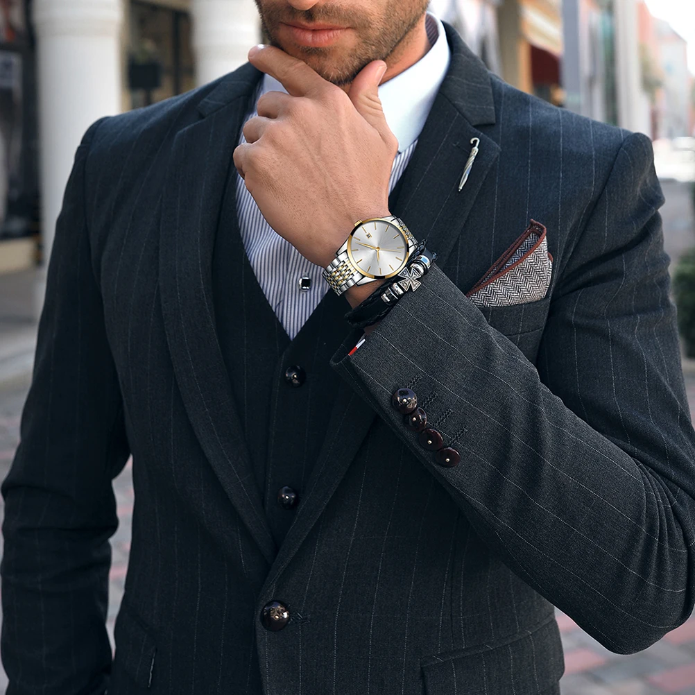 

Stainless Steel Men Quartz Watch White Waterproof Business Wristwatch Precise Timekeeping Calendar Display
