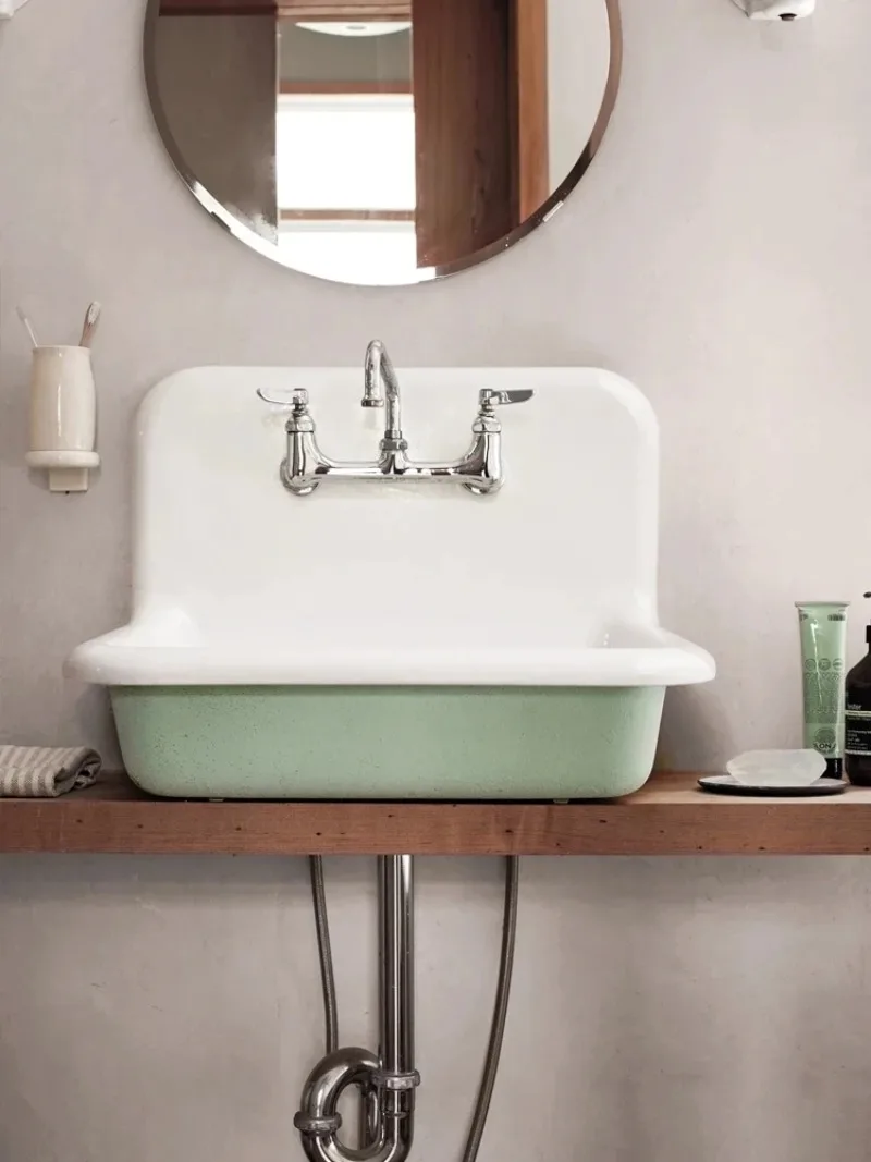 For Cast Iron Enamel Wall-Hung Basin Dishwashing, Hand Washing, Face Washing, Retro Sink Wall Hanging Embedded Double-Type