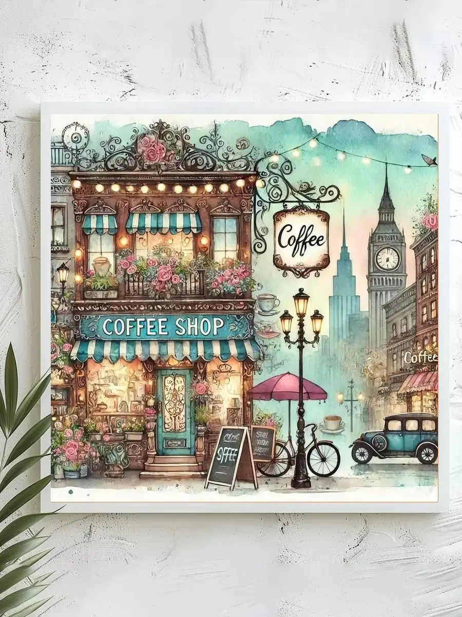1 Stück 40x40 cm/15,74 Zoll, 11Ct/14Ct Kreuzstich-Set, DIY Valentinstagsgeschenk, Stickerei-Set für Festivals, London Coffee Shop – Detail 1