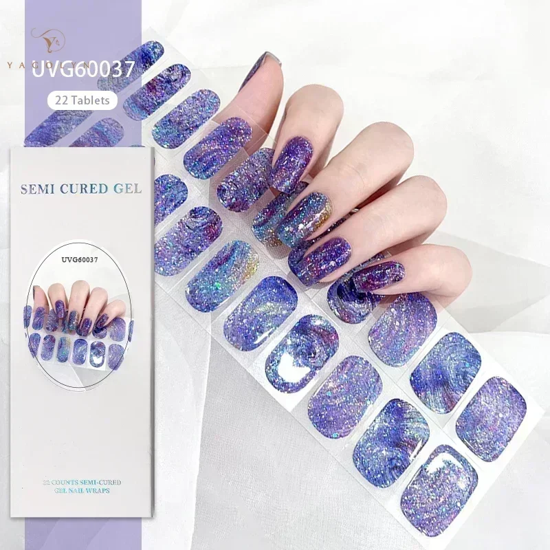 22Tips Nude Semi-Cured Gel Nail Patch Slider Adhesive Waterproof Long Lasting Aurora Full Cover Gel Nail Sticker UV Lamp Needed