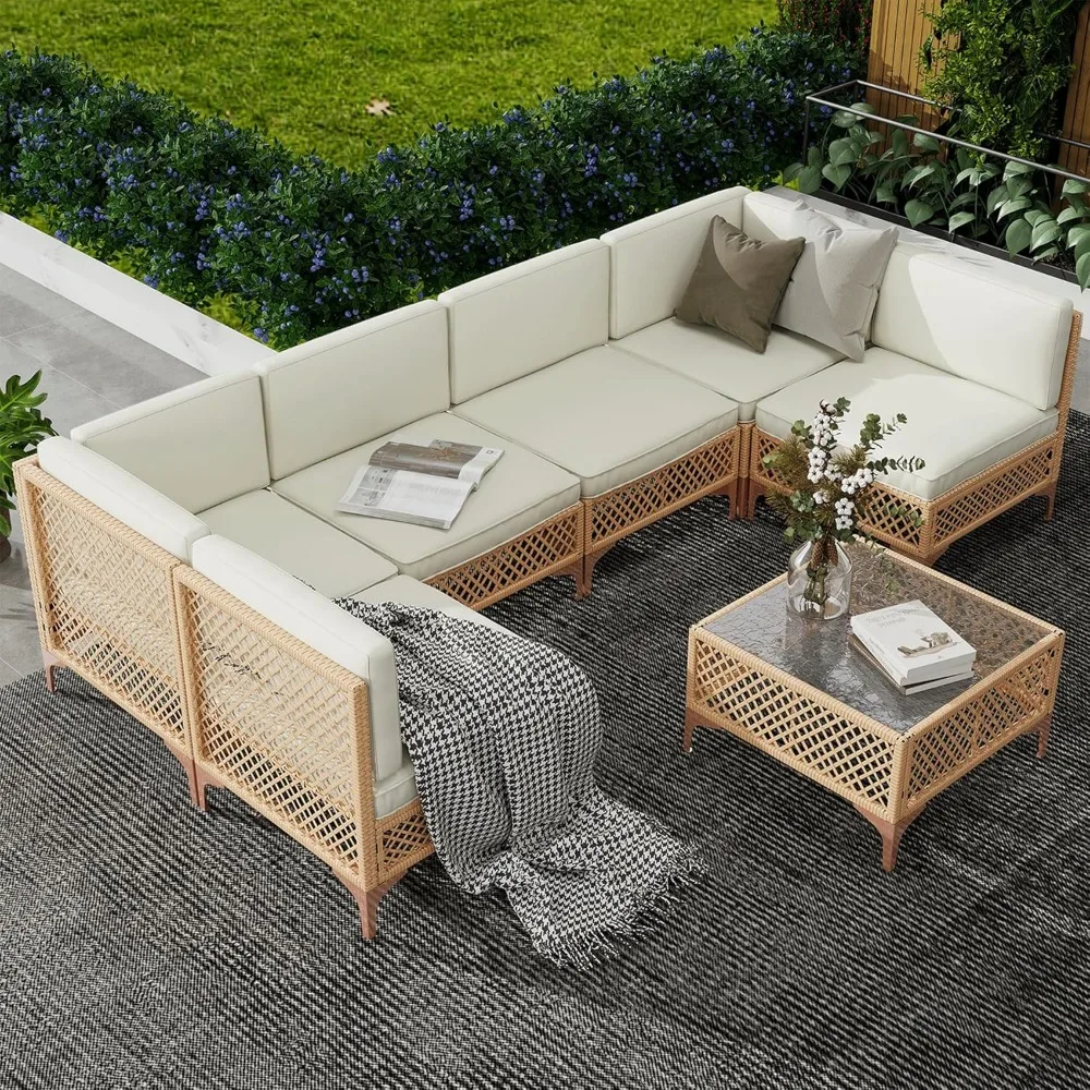 

Outdoor Patio Furniture Set, Wicker Outdoor Sectional Set, Boho Patio Conversation Sectional Sofa with Large Tempered