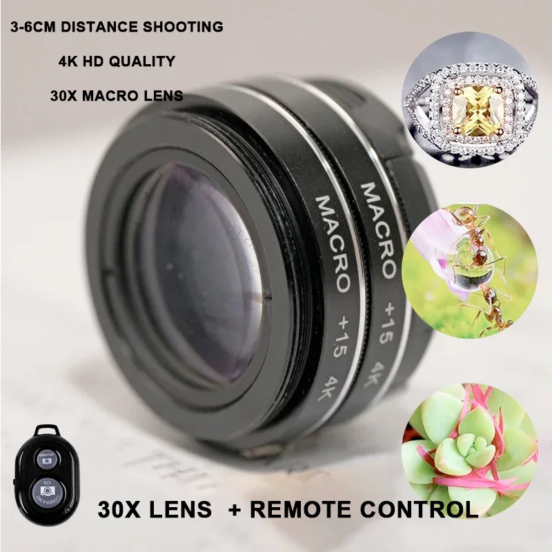 

37MM 30X Macro Lens 4K HD Professional Photography Phone Camera Lens Eyelashes Diamond Jewelry Macro Lens for Smartphone