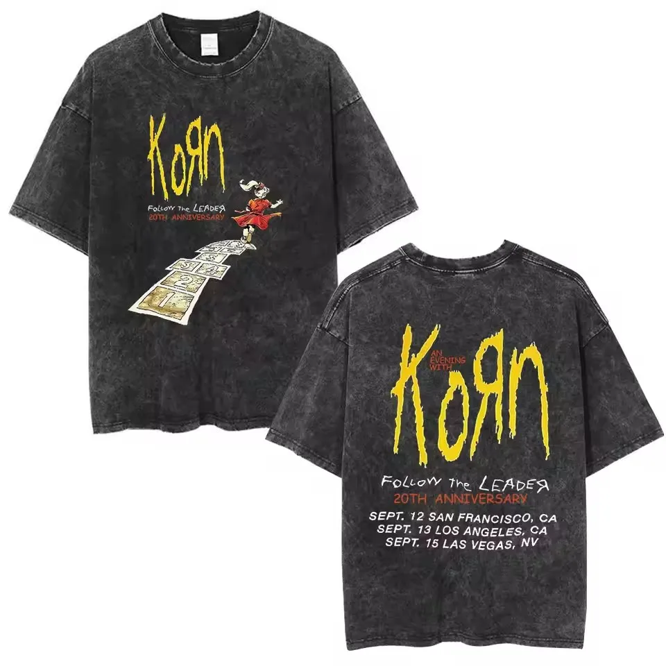 

Korn Follow The Leader 20Th Anniversary Washed T Shirt Metal Gothic Rock Band T Shirts Men Vintage T-shirt Streetwear