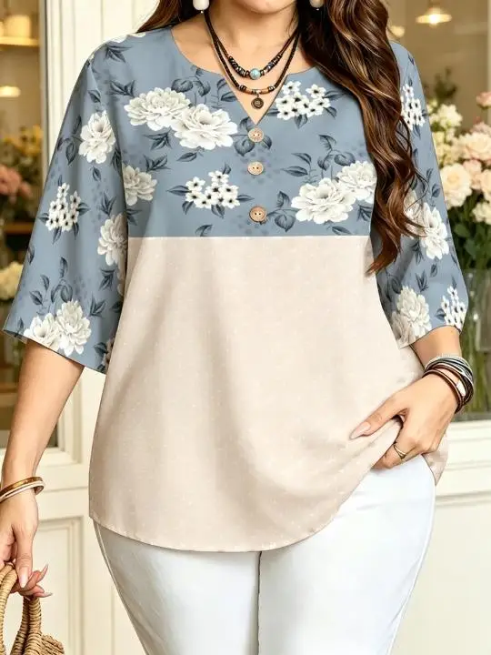 Color Block Floral Patchwork  Women Blouse Notch V Neck Half Button 3/4 Sleeve Daily Casual Tops