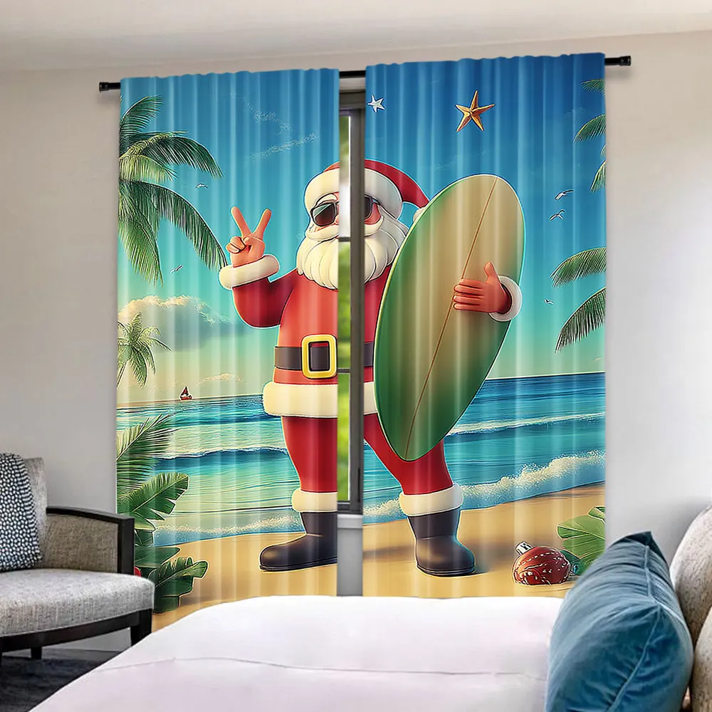 2Pcs Christmas Curtain Santa Claus Trunks On The Beach And Surfboard Sunny Hot Christmas Theme For Living Room Dining Room